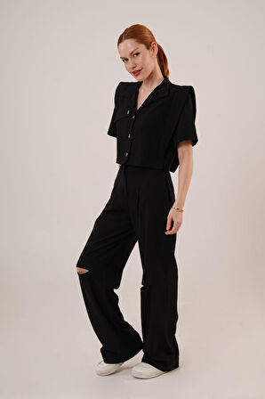 TUA MODA Cepli Düğmeli Bluz Ve Diz Detaylı Pantolon Siyah İkili Takım