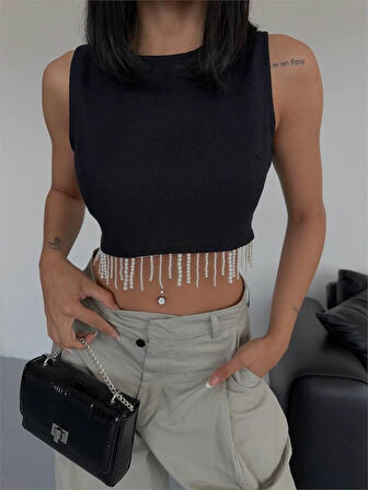TUA MODA KETEN CROP KOLSUZ BLUZ SALLAMA TAŞLI - Siyah