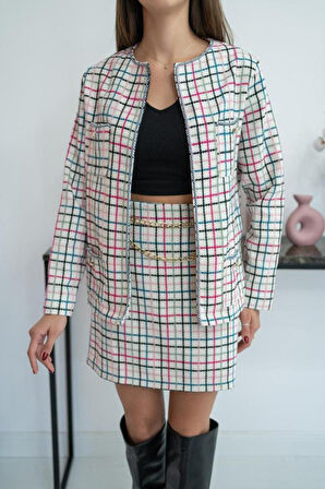 TUA MODA Beyaz Önü Açık Ceket Ve Eteği Zincirli Takım