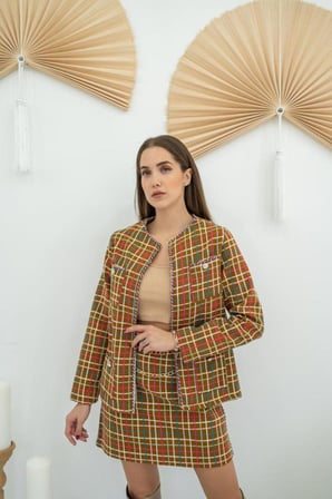 TUA MODA Kahverengi Önü Açık Ceket Ve Eteği Zincirli Takım