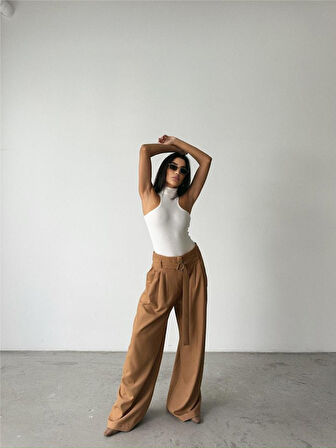 TUA MODA PALAZZO PANTOLON KUMAŞ KEMER DETAYLI - Bej