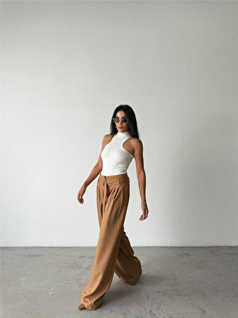 TUA MODA PALAZZO PANTOLON KUMAŞ KEMER DETAYLI - Bej