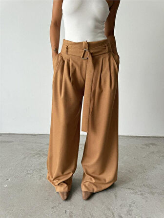 TUA MODA PALAZZO PANTOLON KUMAŞ KEMER DETAYLI - Bej