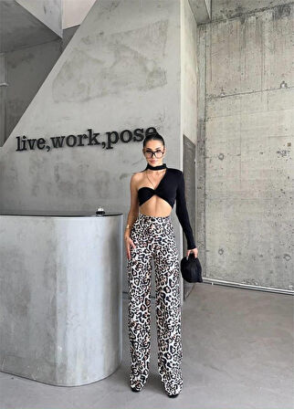 TUA MODA LEOPAR PALAZZO PANTOLON - Bej
