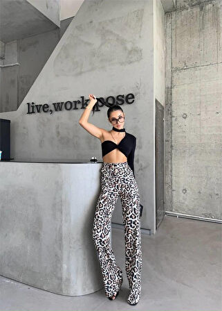 TUA MODA LEOPAR PALAZZO PANTOLON - Bej