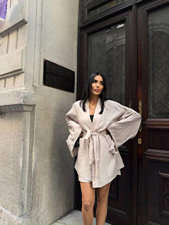 TUA MODA KETEN KİMONO - ŞORT TAKIM - Bej