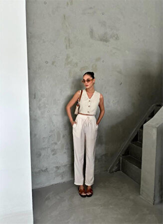 TUA MODA BEL LASTİK DETAYLI MODAL KUMAŞ PANTOLON - Bej