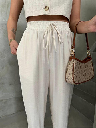 TUA MODA BEL LASTİK DETAYLI MODAL KUMAŞ PANTOLON - Bej