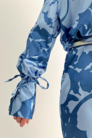 TUA MODA Vatkalı Manşet Detaylı Gömlek Elbise - Mavi