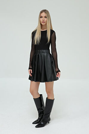 TUA MODA Tül Bluzlu Deri Elbise - Siyah