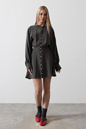 TUA MODA Gold Rengi Düğme Detaylı Elbise - Antrasit