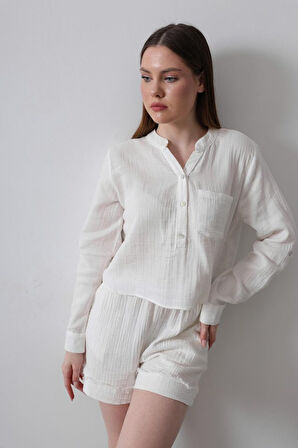 TUA MODA BELİ LASTİKLİ PÜSKÜLLÜ ŞORT - Beyaz