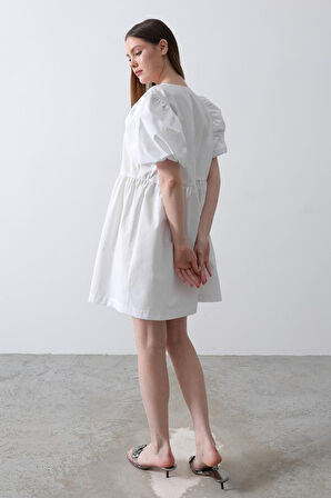 TUA MODA Balon Kol Kurdale Detaylı Elbise - Beyaz