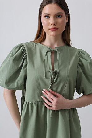 TUA MODA Balon Kol Kurdale Detaylı Elbise - Haki