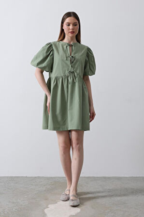 TUA MODA Balon Kol Kurdale Detaylı Elbise - Haki