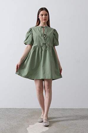 TUA MODA Balon Kol Kurdale Detaylı Elbise - Haki