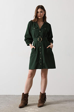 TUA MODA Kemer Detaylı Gabardin Elbise - Haki
