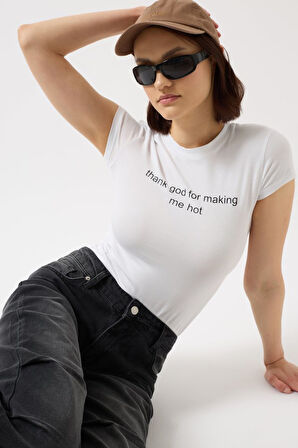 TUA MODA Baskılı Likralı Crop T-Shirt