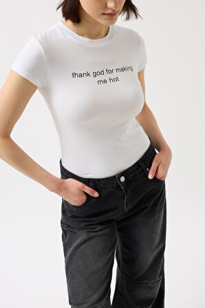 TUA MODA Baskılı Likralı Crop T-Shirt
