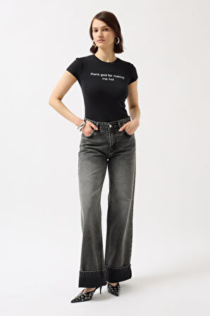 TUA MODA Baskılı Likralı Crop T-Shirt