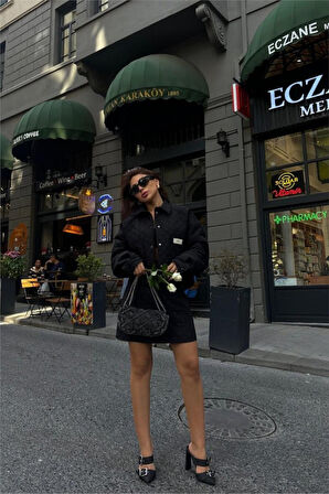 TUA MODA KAPİTONE CROP CEKET - ETEK TAKIM ARMA DETAYLI - Siyah