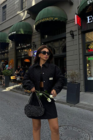TUA MODA KAPİTONE CROP CEKET - ETEK TAKIM ARMA DETAYLI - Siyah