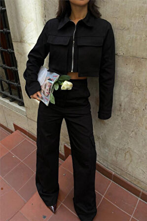 TUA MODA GABARDİN CROP CEKET-KARGO PANTOLON TAKIM - Siyah