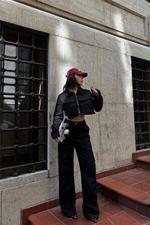 TUA MODA GABARDİN CROP CEKET-KARGO PANTOLON TAKIM - Siyah