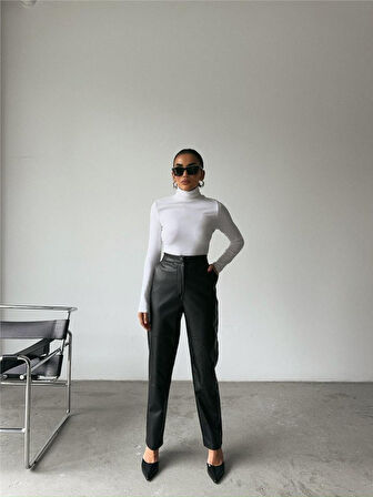 TUA MODA DERİ PANTOLON DİZ PARÇALI - Siyah