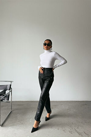 TUA MODA DERİ PANTOLON DİZ PARÇALI - Siyah