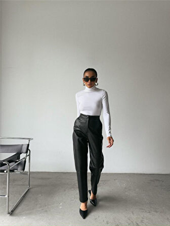 TUA MODA DERİ PANTOLON DİZ PARÇALI - Siyah