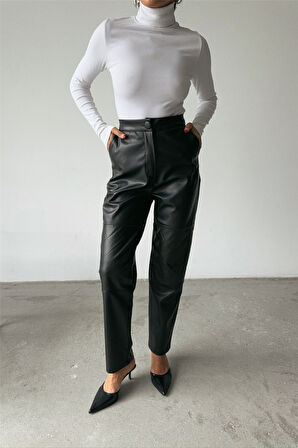 TUA MODA DERİ PANTOLON DİZ PARÇALI - Siyah