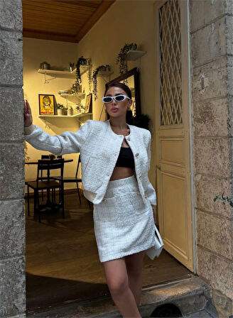TUA MODA CHANEL CROP CEKET-KISA ETEK TAKIM - Beyaz