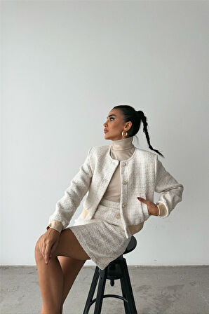 TUA MODA CHANEL CROP CEKET-KISA ETEK TAKIM - Beyaz