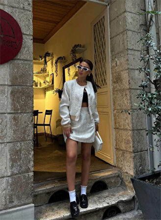 TUA MODA CHANEL CROP CEKET-KISA ETEK TAKIM - Beyaz