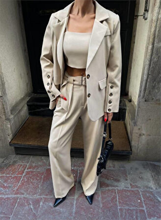 TUA MODA KOL 4 DÜĞME -  BÜSTİYERLİ 3 CEKET PANTOLON TAKIM - Bej