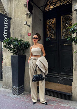 TUA MODA KOL 4 DÜĞME -  BÜSTİYERLİ 3 CEKET PANTOLON TAKIM - Bej