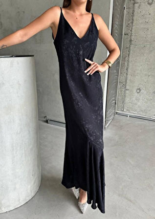 TUA MODA JAKARLI ASKILI SATEN ELBİSE ASİMETRİK - Siyah