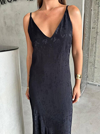 TUA MODA JAKARLI ASKILI SATEN ELBİSE ASİMETRİK - Siyah