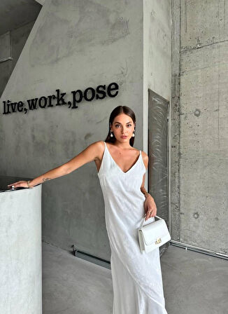 TUA MODA JAKARLI ASKILI SATEN ELBİSE ASİMETRİK - Beyaz