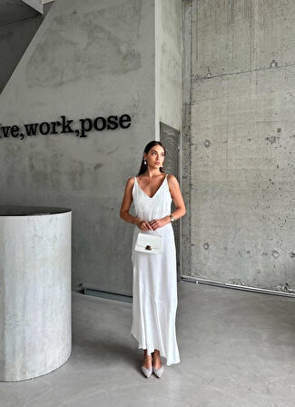 TUA MODA JAKARLI ASKILI SATEN ELBİSE ASİMETRİK - Beyaz