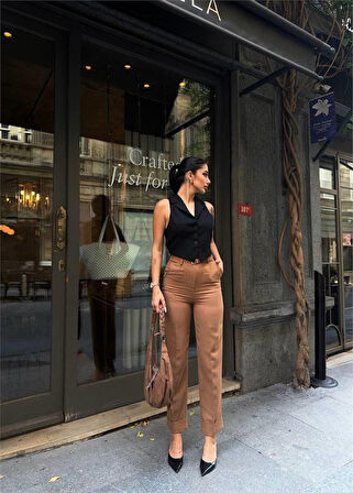 TUA MODA KETEN DUBLE PAÇA DERİ TABA KEMERLİ PANTOLON - Kahverengi