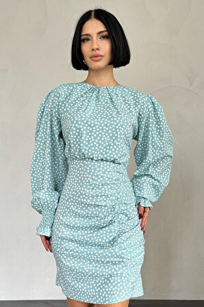 TUA MODA Yeşil Puantiyeli Önü Büzgülü Elbise