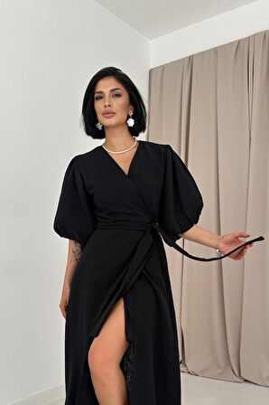 TUA MODA Siyah Kuşaklı Müslin Elbise
