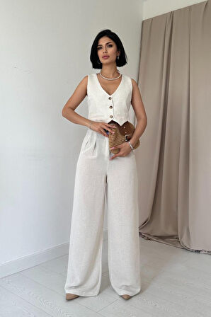 TUA MODA Bej Önü Düğmeli Yelek Ve Pantolon Takım