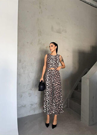 TUA MODA LEOPAR CROP KOLSUZ BLUZ-PANTOLON TAKIM - Leopar