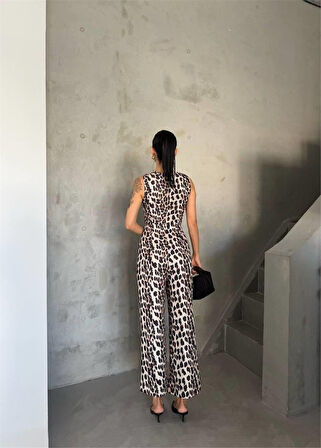 TUA MODA LEOPAR CROP KOLSUZ BLUZ-PANTOLON TAKIM - Leopar