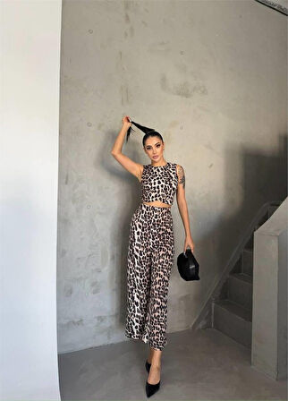 TUA MODA LEOPAR CROP KOLSUZ BLUZ-PANTOLON TAKIM - Leopar