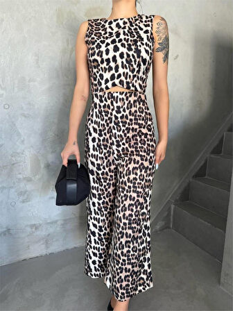 TUA MODA LEOPAR CROP KOLSUZ BLUZ-PANTOLON TAKIM - Leopar