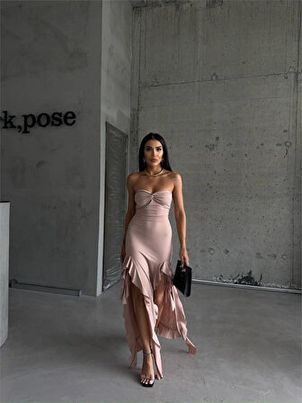 TUA MODA STRABLEZ SANDY ELBİSE YANLARI KATLI - Bej